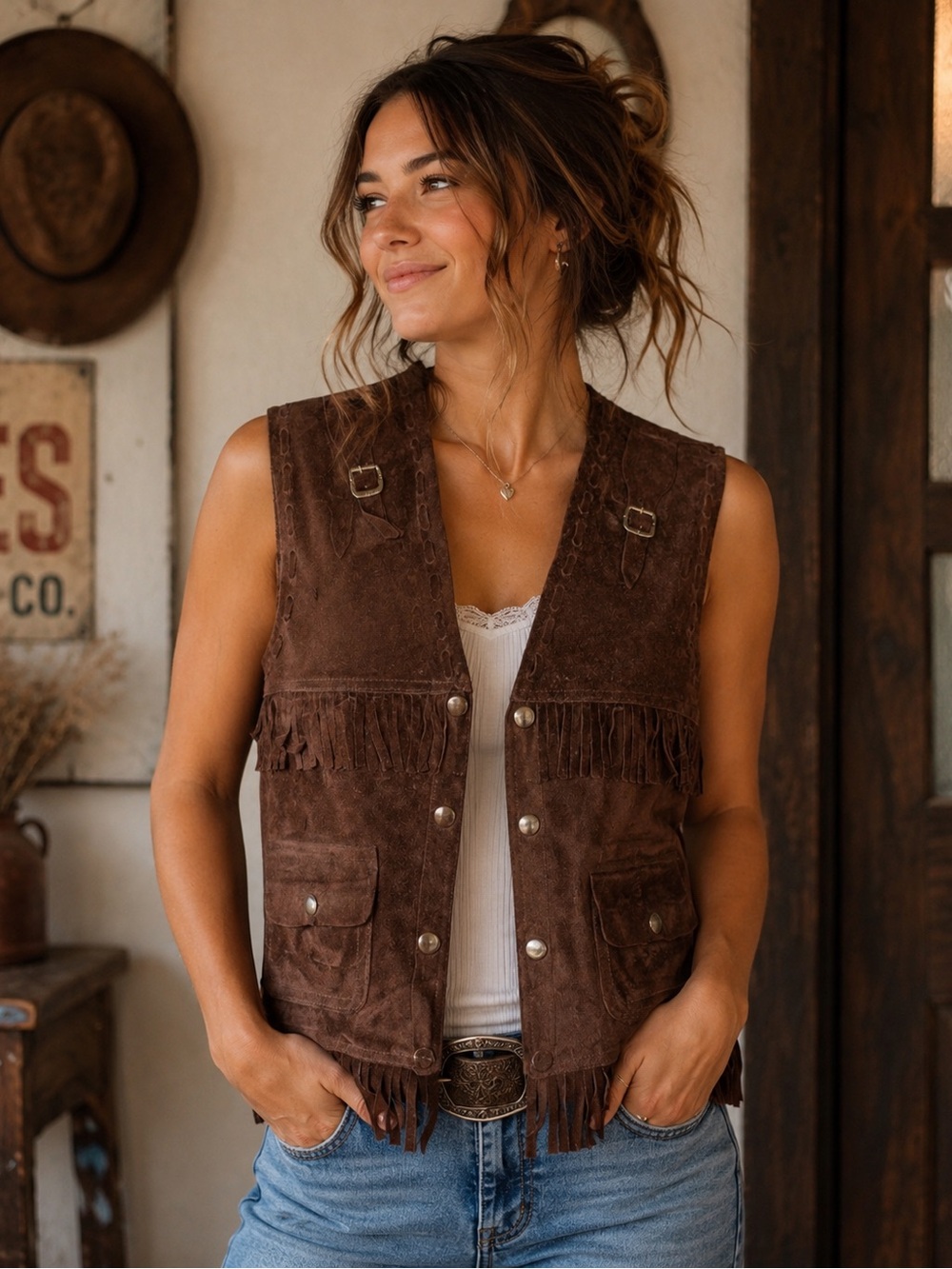 Vintage Brown Suede Leather Fringe Vest Cowboy Western Jacket